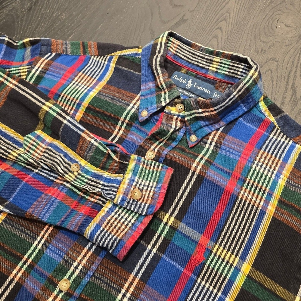 Ralph Lauren Mens Custom Fit Plaid Button Down Flannel Multicolor Cotton Large L